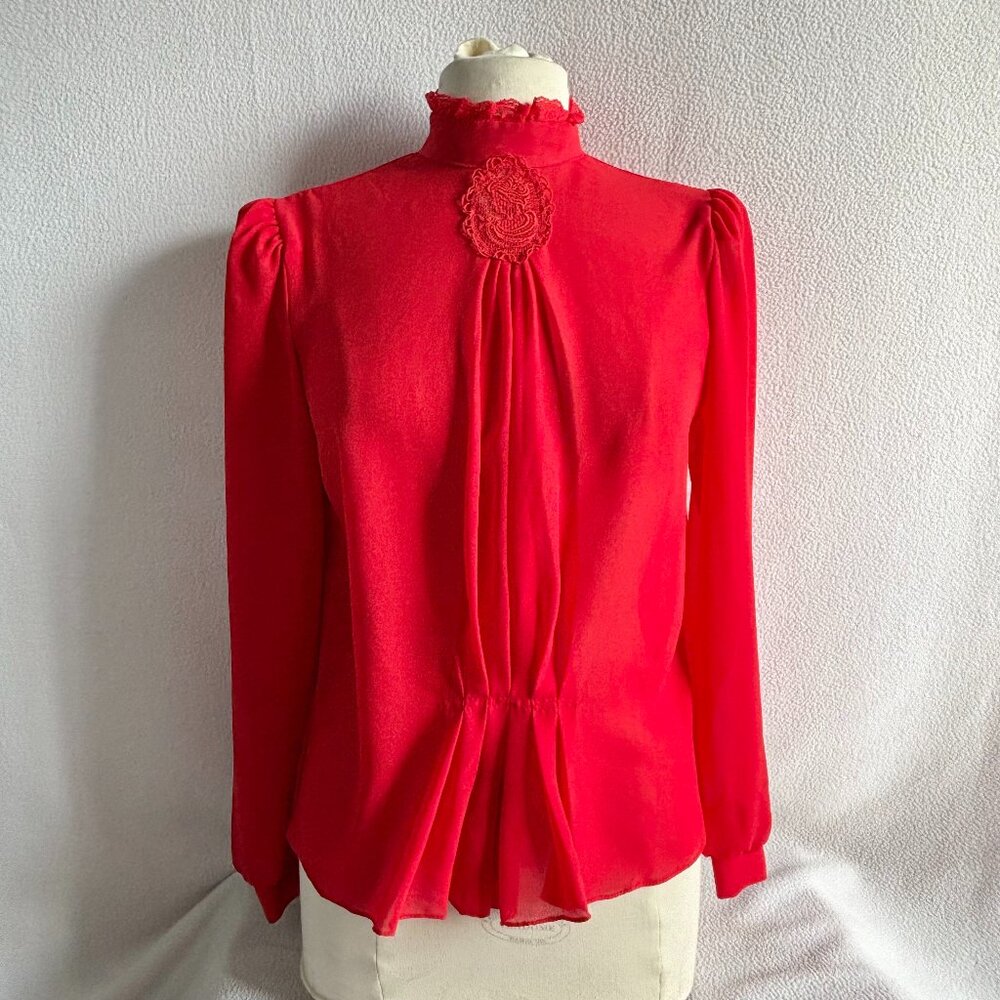 1980s Red Romantic Victorian-Inspired Blouse